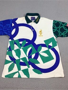 Vtg 1996 Olympic Games Atlanta Staff White Polo Green Blue Abstract Hanes USA